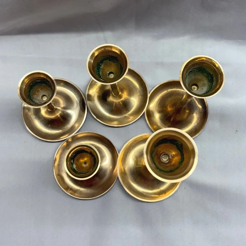 Unbranded Brass Candlestick Holders Set of 5 Gold Good Graduated Mid Century